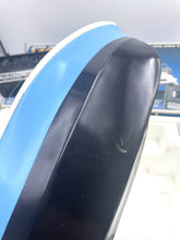 Load image into Gallery viewer, Close-up of the toy boat featuring a smooth hull and plastic material in blue and white.