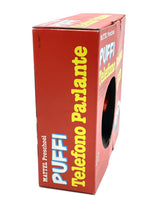 Load image into Gallery viewer, Side view of THE SMURFS I PUFFI IL TELEFONO PARLANTE MATTEL box showing text label and vibrant colors.