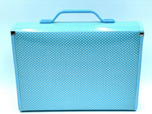 Load image into Gallery viewer, Front view of the light blue storage box with a handle and textured surface.