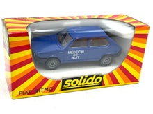 Load image into Gallery viewer, VINTAGE SOLIDO 1303 Fiat Ritmo Medecin de Nuit packaging view showing blue toy car and brand logo.