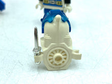 Load image into Gallery viewer, Close-up of the detailed design of the submarine toy in blue, yellow, and black.