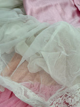 Carica l'immagine nel visualizzatore di Gallery, Detail close-up of layered pink dress fabric with lace details.