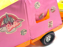 Load image into Gallery viewer, Side view of the toy trailer with tent and decorative stickers.