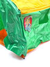 Load image into Gallery viewer, Mattel Big Jim Camping Tent detail close-up of yellow bags featuring zipper closure and logo patch