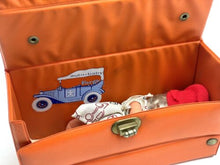 Carica l'immagine nel visualizzatore di Gallery, Detail of orange storage box with two compartments and decorative car design