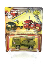 Load image into Gallery viewer, Mira Military Truck 1:64 packaging view with cannon and quirky damage.
