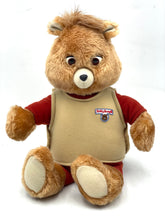 Load image into Gallery viewer, Front view of plush Teddy Ruxpin with soft fur, red shirt, and beige vest.