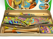 Load image into Gallery viewer, Close-up detail of the contents of the 80's Bird Shooting game wood toy, featuring wooden tools.