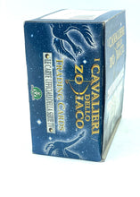 Load image into Gallery viewer, Side view of the Cavalieri dello Zodiaco box with blue and white colors and text details.