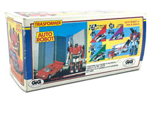 Load image into Gallery viewer, Takara Transformers G1 Sideswipe packaging showcasing multiple characters and vehicle mode in red, blue, and green.