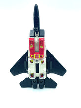 Load image into Gallery viewer, Transformers G1 Air Raid front view of the red, black, and white rocket with fins.