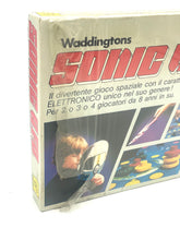 Load image into Gallery viewer, Waddingtons Vintage Sonic UFO's game box side view featuring graphics and hand illustration in white, red, and blue.