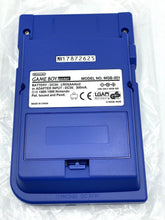 Load image into Gallery viewer, Back view of the blue Nintendo Game Boy Pocket console showing the label and battery compartment.