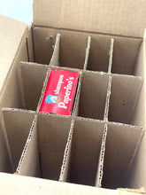 Load image into Gallery viewer, Cardboard box with divided sections and label inside, viewed from the side.