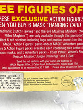 Carica l'immagine nel visualizzatore di Gallery, Detail of Kenner MASK M.A.S.K. trading card offer with red and yellow colors.