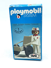 Load image into Gallery viewer, Playmobil Klicky System 3362 packaging view showing nurse figure and wheelchair.