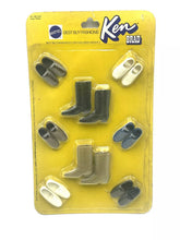 Load image into Gallery viewer, Mattel Barbie Friends Ken Brad Shoes set packaging view showing miniature boots in yellow, gray, and white.