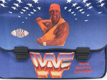 Load image into Gallery viewer, Close-up of vivid Hulkamania graphics on vintage backpack by Titan Sports