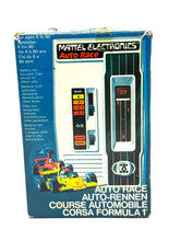 Load image into Gallery viewer, Front view of 1976 Mattel Auto Race vintage handheld electronic racing game with original box
