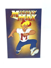 Load image into Gallery viewer, Front view of the blue and yellow Mighty Max collectible diary featuring cartoon characters.
