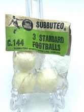 Load image into Gallery viewer, Subbuteo packaging view showing three white footballs with green and brown details.
