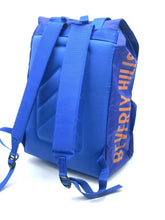 Load image into Gallery viewer, Back view of the blue backpack with adjustable straps and logo print.
