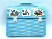 Load image into Gallery viewer, Front view of the blue Smurfs school bag featuring stickers and a handle.
