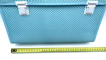 Load image into Gallery viewer, Detail view of the light blue storage box showing measuring tape and clip closures.
