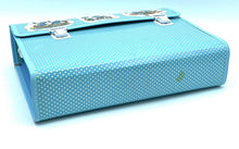 Load image into Gallery viewer, Side view of the light blue storage box featuring a handle and slim design.
