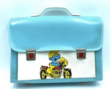 Load image into Gallery viewer, Smurfs Official front view of the blue cartoon school bag with metal clasp.

