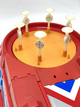 Load image into Gallery viewer, Detail of the red tray with six pegs for the Technofix target game.
