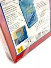 Load image into Gallery viewer, Side view of Texas Instruments Math To Go Learning Calculator highlighting features list and educational theme.
