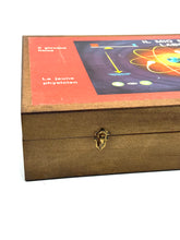Load image into Gallery viewer, Side view of the physics laboratory kit box featuring a metal clasp and wooden texture.
