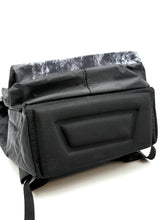 Load image into Gallery viewer, Rear view of the black Street Sharks backpack showing the roll-top closure.
