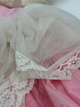 Carica l'immagine nel visualizzatore di Gallery, Detail close-up of pink and white fabric featuring sheer overlay and lace trim.
