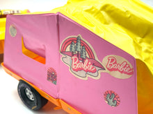 Load image into Gallery viewer, Detail view of the pink toy truck showcasing the Barbie logo and handle.
