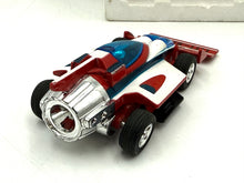 Load image into Gallery viewer, Back view of race car toy featuring exhaust pipes and detailed rear.
