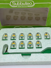 Load image into Gallery viewer, Detail close-up of Subbuteo 1982 Brazil team miniature players in yellow and blue kit

