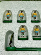 Load image into Gallery viewer, Detail close-up of Subbuteo player figures in yellow and blue kit
