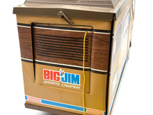 Load image into Gallery viewer, Back view of the Mattel Big Jim Sports Camper highlighting the rear door and branding logo.
