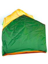 Load image into Gallery viewer, Mattel Big Jim Camping Tent detail close-up of colorful bag with crinkled texture and zipper opening
