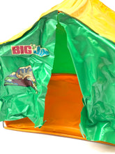 Load image into Gallery viewer, Mattel Big Jim Camping Tent detail close-up of green and orange tent with entrance opening and printed design

