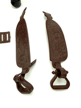 Load image into Gallery viewer, Close-up of brown leather pieces featuring curved shapes and metal clasps.
