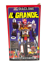 Load image into Gallery viewer, Back view of Vintage Diaclone Robot Base GiG box featuring large robot graphic.
