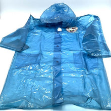 Carica l'immagine nel visualizzatore di Gallery, Vintage Sanrio Hello Kitty raincoat front view showcasing the blue color and hood.
