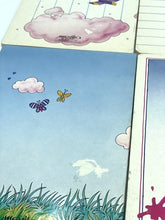 Carica l'immagine nel visualizzatore di Gallery, Detail close-up of a cloud and butterfly illustration with grass.
