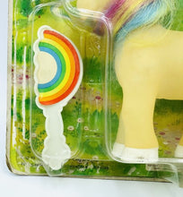 Carica l'immagine nel visualizzatore di Gallery, RARE 1984 Soma Rainbow Love Pet yellow unicorn toy in packaging with rainbow mane and colorful design.
