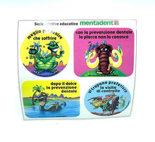 Carica l'immagine nel visualizzatore di Gallery, Vintage Mentadent colorful sticker sheet featuring cartoon characters and various designs.

