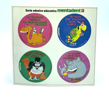 Carica l'immagine nel visualizzatore di Gallery, Vintage Mentadent colorful character stickers packaging featuring four vibrant round designs.

