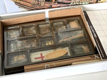 Load image into Gallery viewer, Various wooden pieces from Vintage Mamoli Kit Modellismo Navi Golden Hind with cross design.
